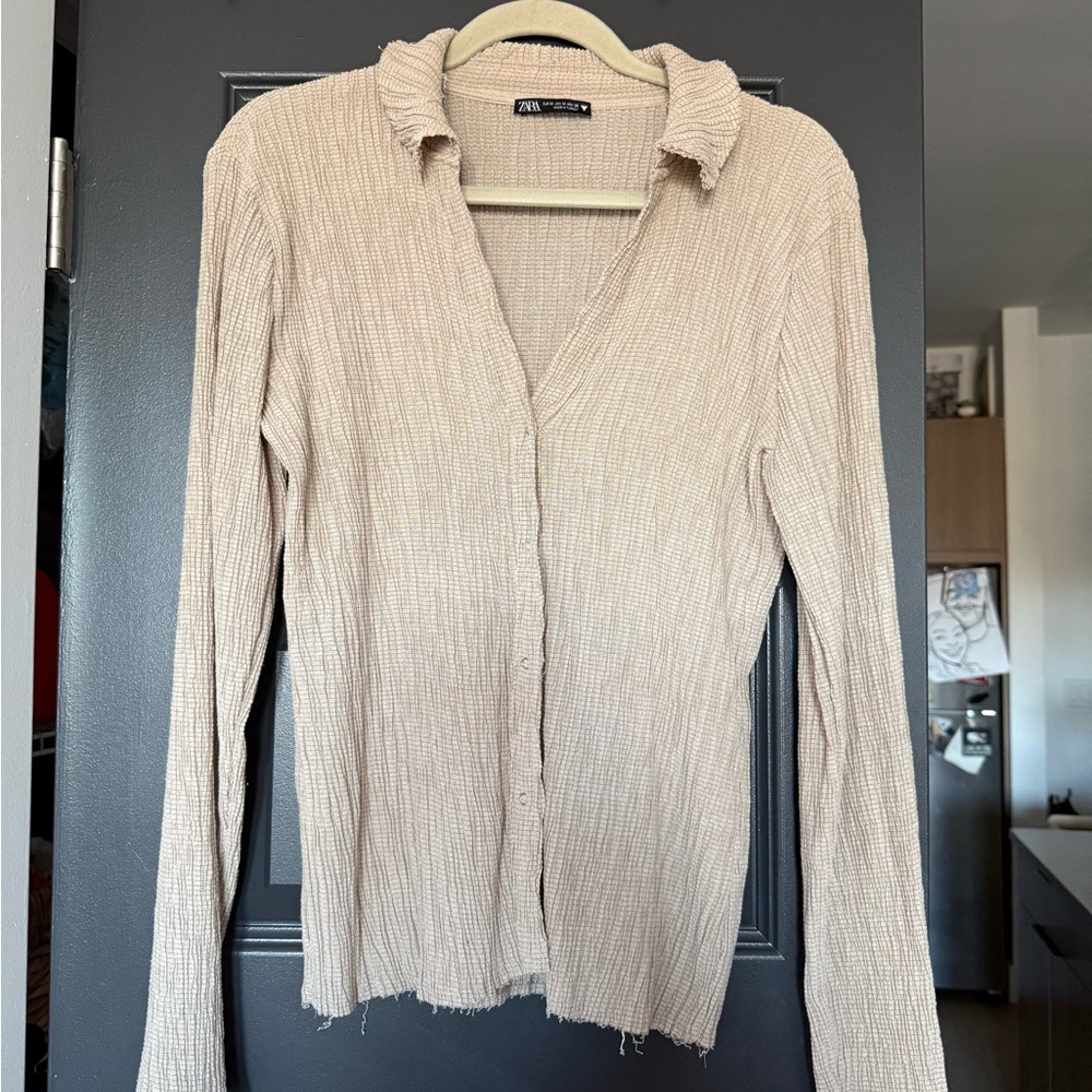 Zara Beige Ribbed Button-Down Shirt